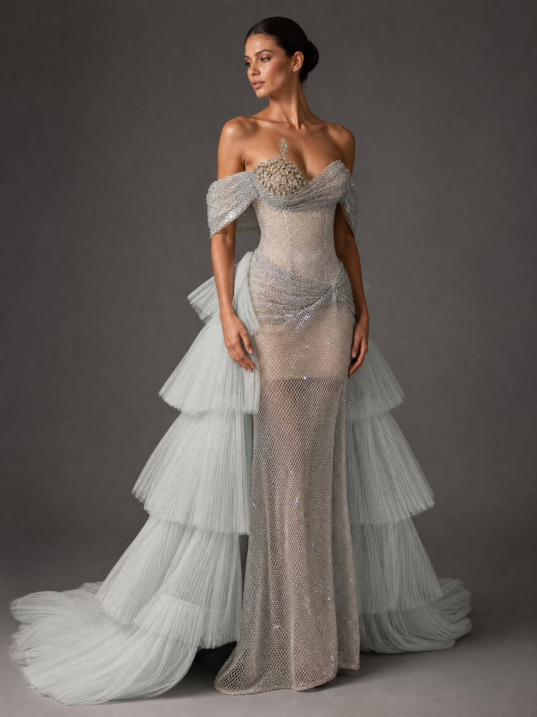 Silver White Ruffle Tiered Evening Gown — three-quarter view (SKU-025) — reviewed generated product image