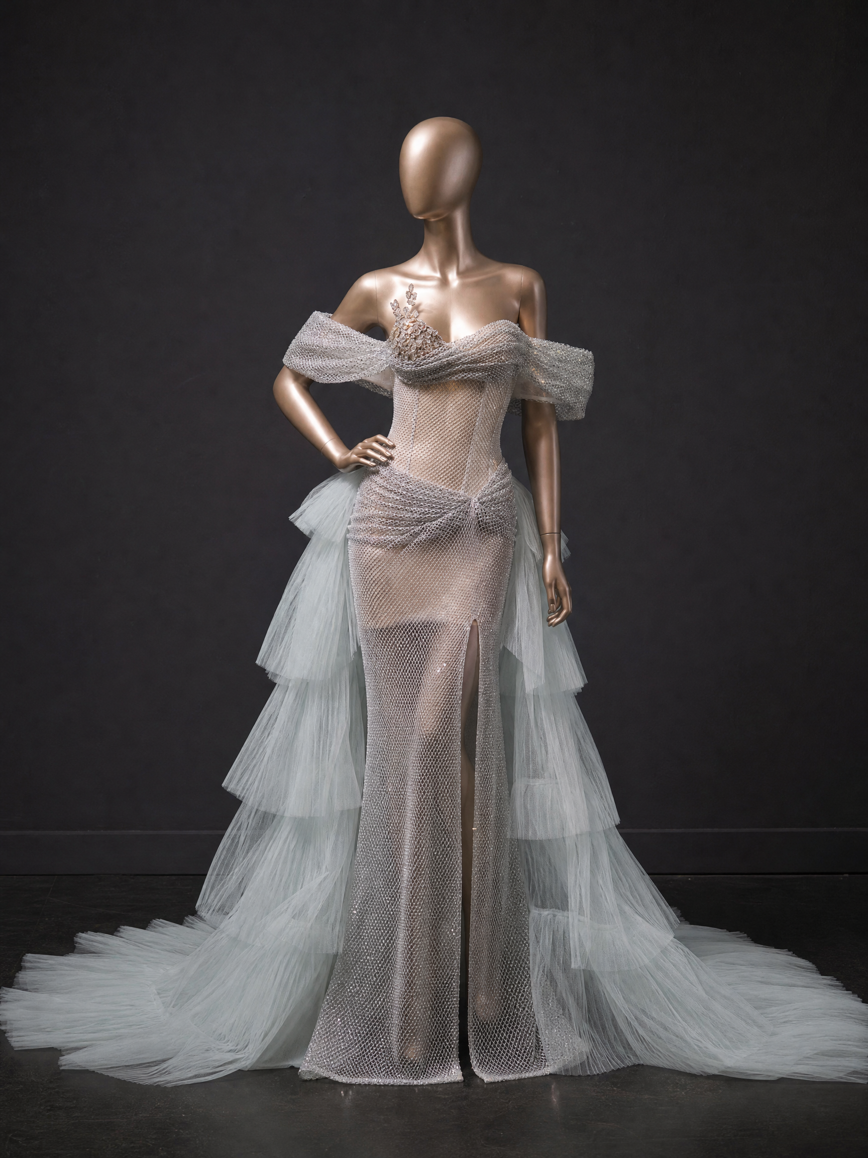 Silver White Ruffle Tiered Evening Gown — couture detail view (SKU-025) — reviewed generated product image