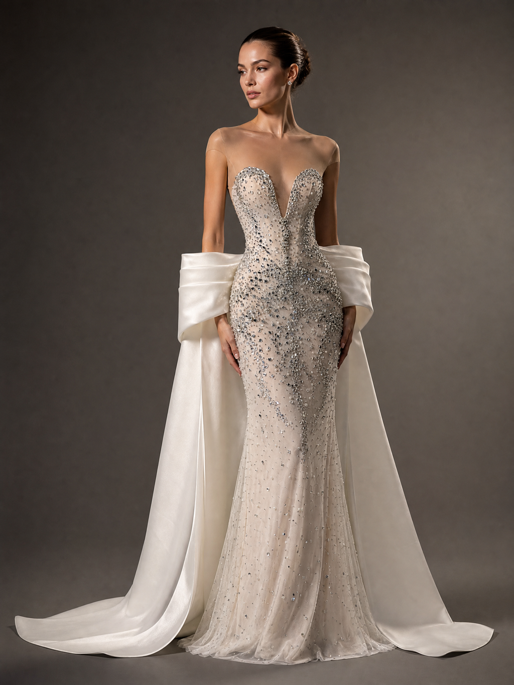 Silver White Statement Evening Gown — three-quarter view (source SKU-060) — reviewed generated product image