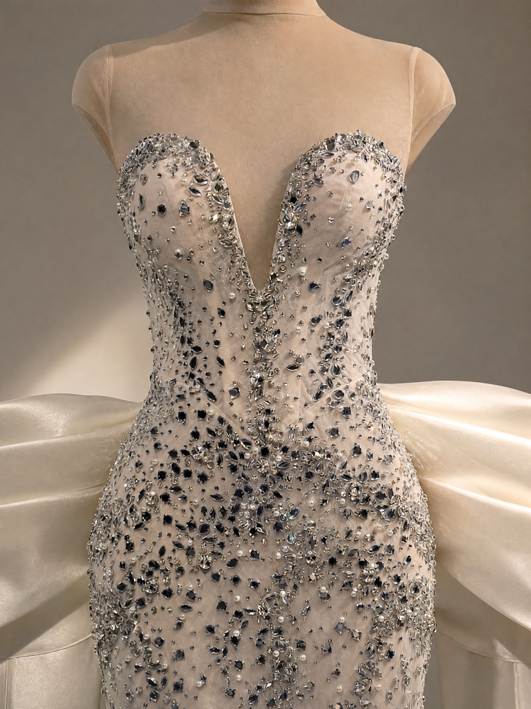 Silver White Statement Evening Gown — couture detail view (source SKU-060) — reviewed generated product image