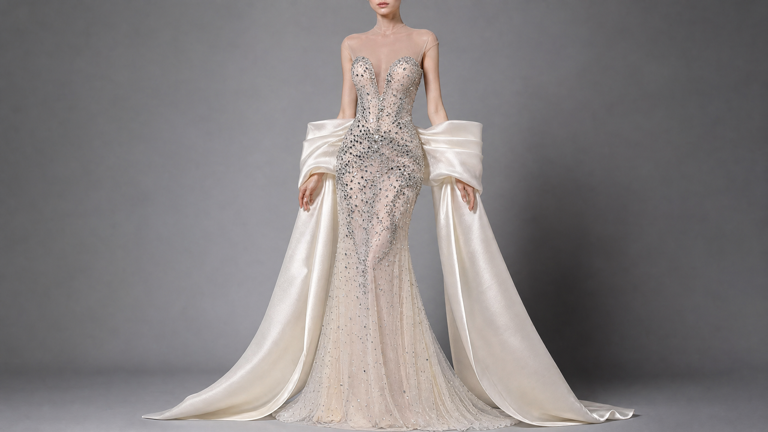 Silver White Statement Evening Gown — hem and train detail view (source SKU-060) — reviewed generated product image