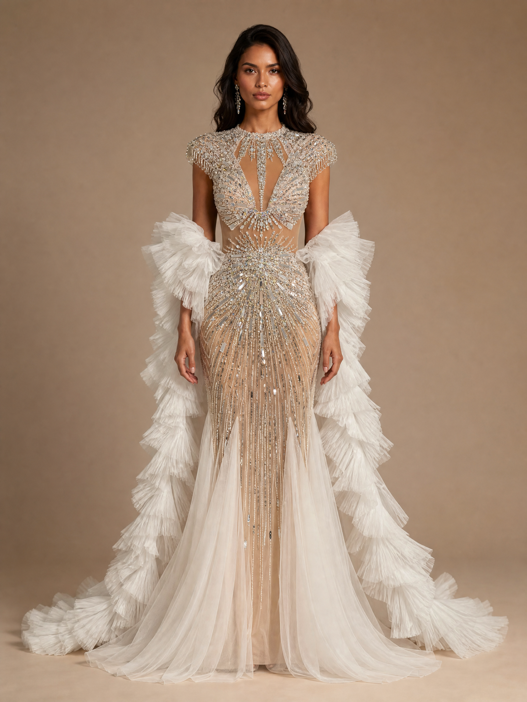 Silver White Train Feather-Shoulder Pageant Gown — front full-length hero view (source SKU-049) — reviewed generated product image