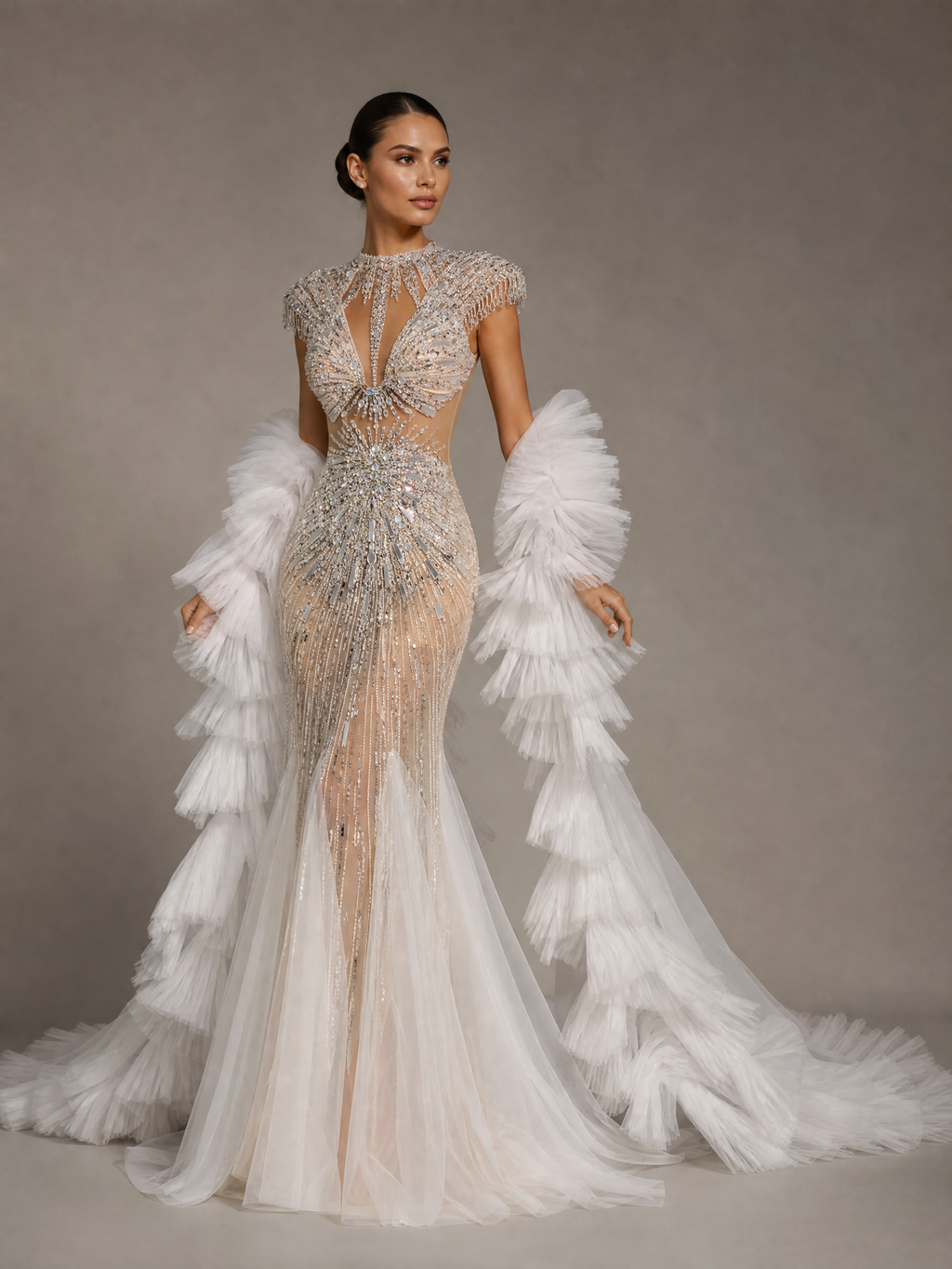 Silver White Train Feather-Shoulder Pageant Gown — three-quarter view (source SKU-049) — reviewed generated product image