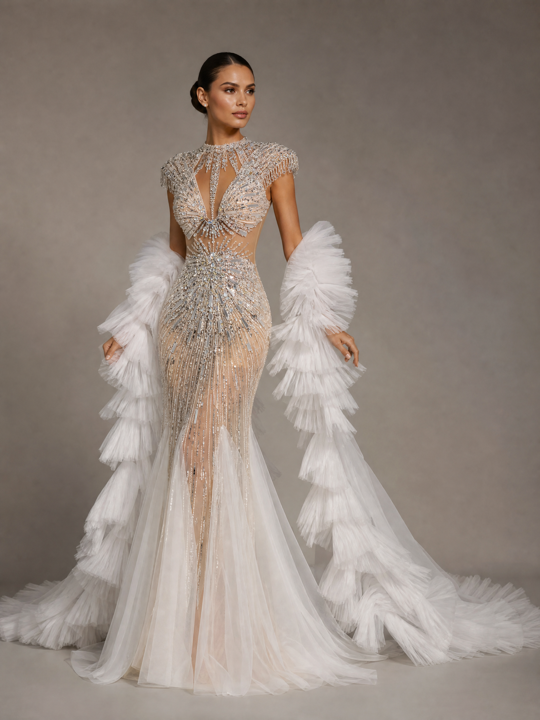 Silver White Train Feather-Shoulder Pageant Gown — three-quarter view (source SKU-049) — reviewed generated product image