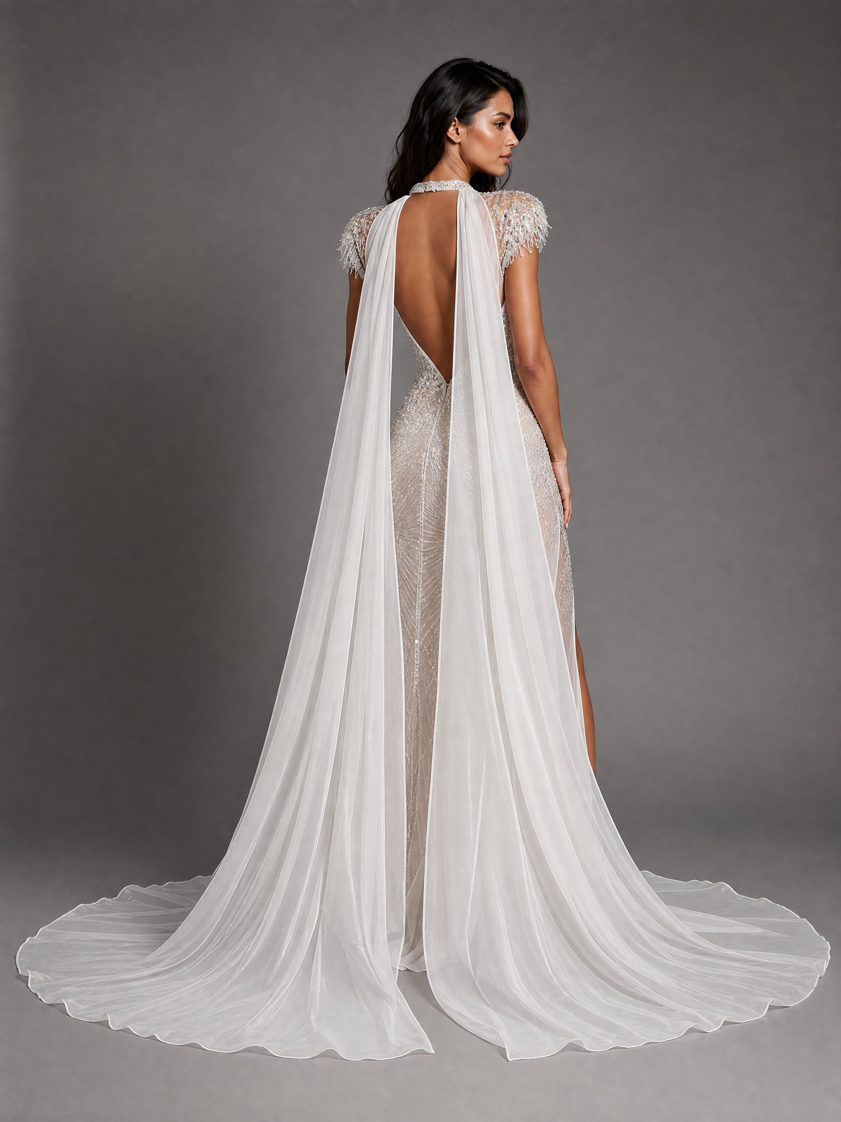 Silver White Train Feather-Shoulder Pageant Gown — side or back view (source SKU-049) — reviewed generated product image