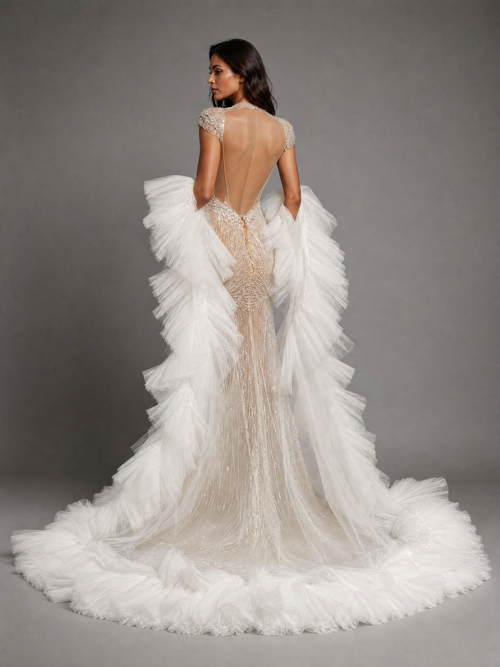 Silver White Train Feather-Shoulder Pageant Gown — couture detail view (source SKU-049) — reviewed generated product image