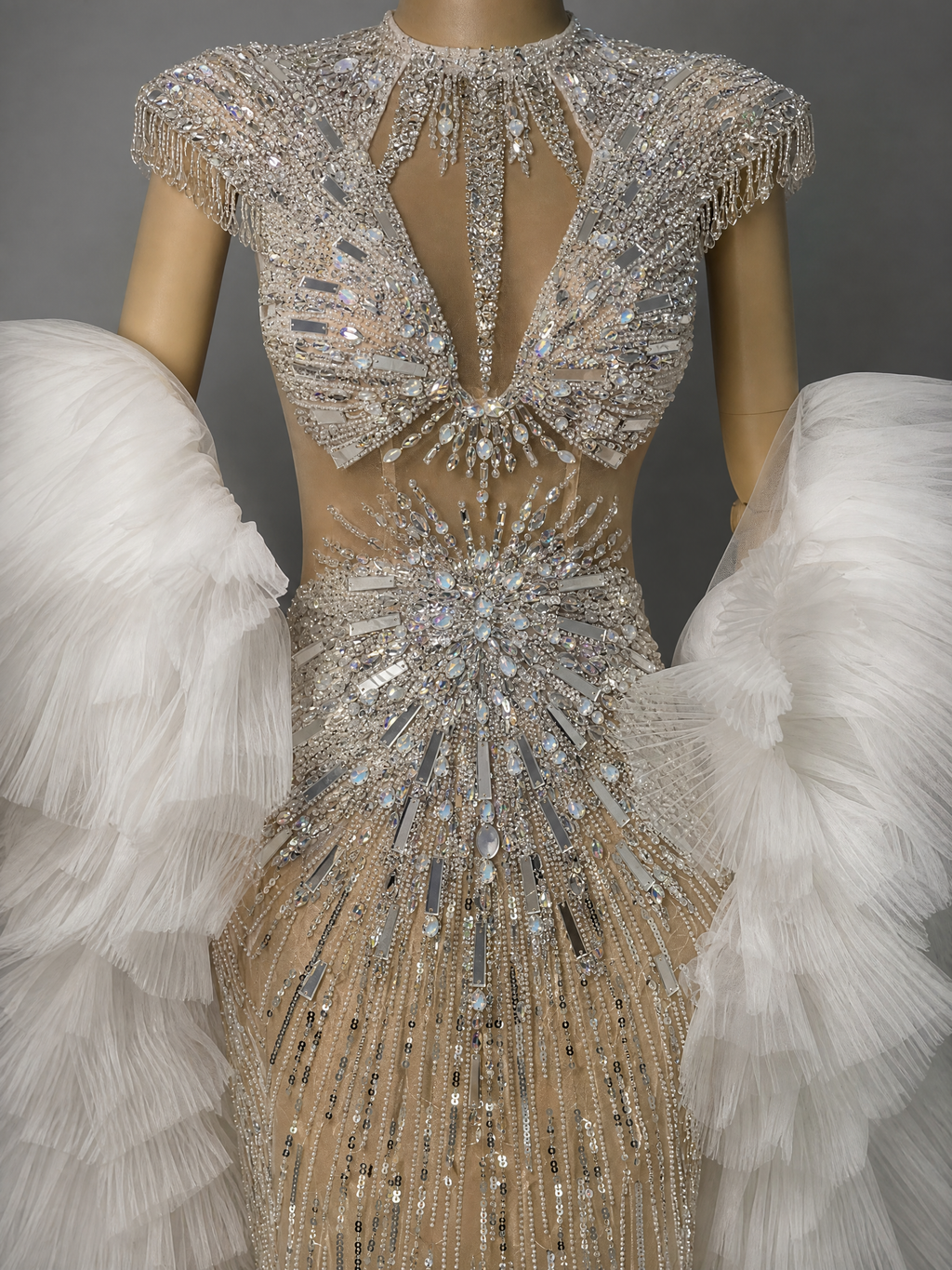Silver White Train Feather-Shoulder Pageant Gown — hem and train detail view (source SKU-049) — reviewed generated product image