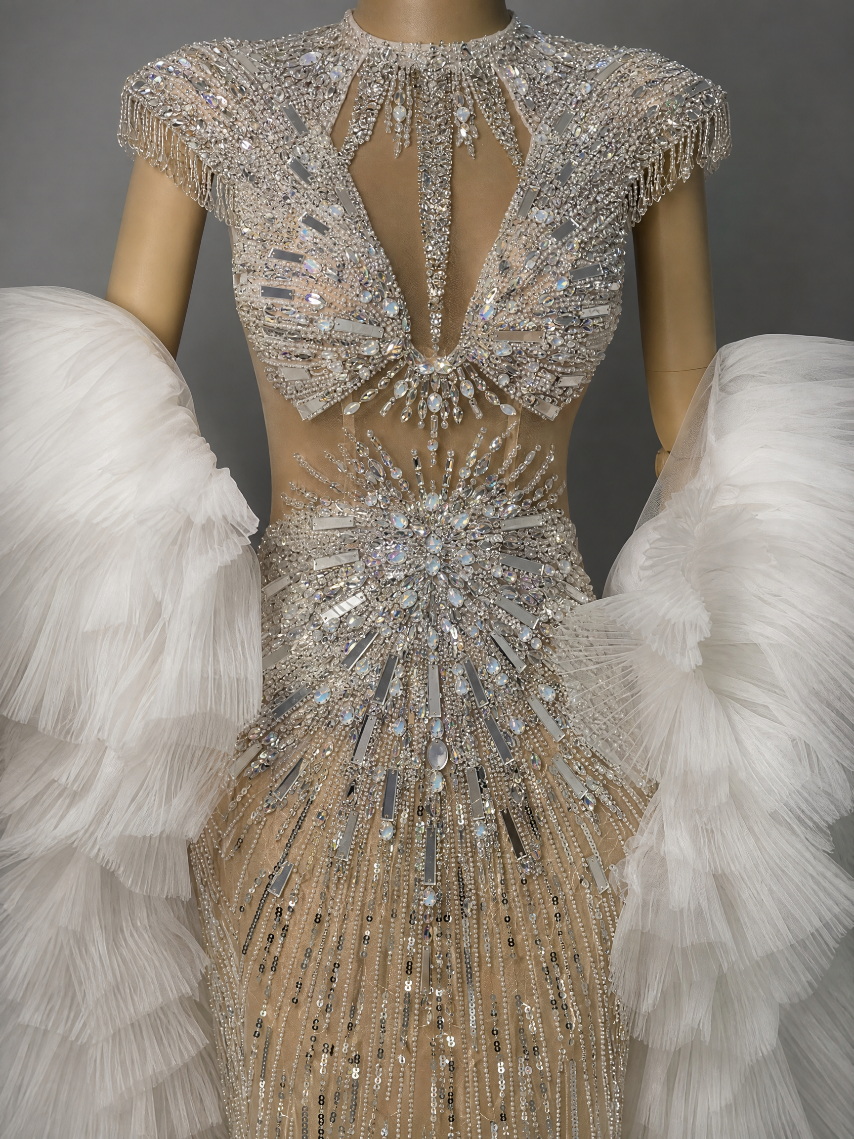 Silver White Train Feather-Shoulder Pageant Gown — hem and train detail view (source SKU-049) — reviewed generated product image