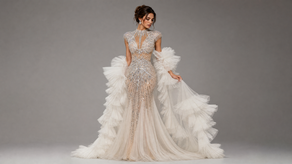 Silver White Train Feather-Shoulder Pageant Gown — additional view 6 (source SKU-049) — reviewed generated product image