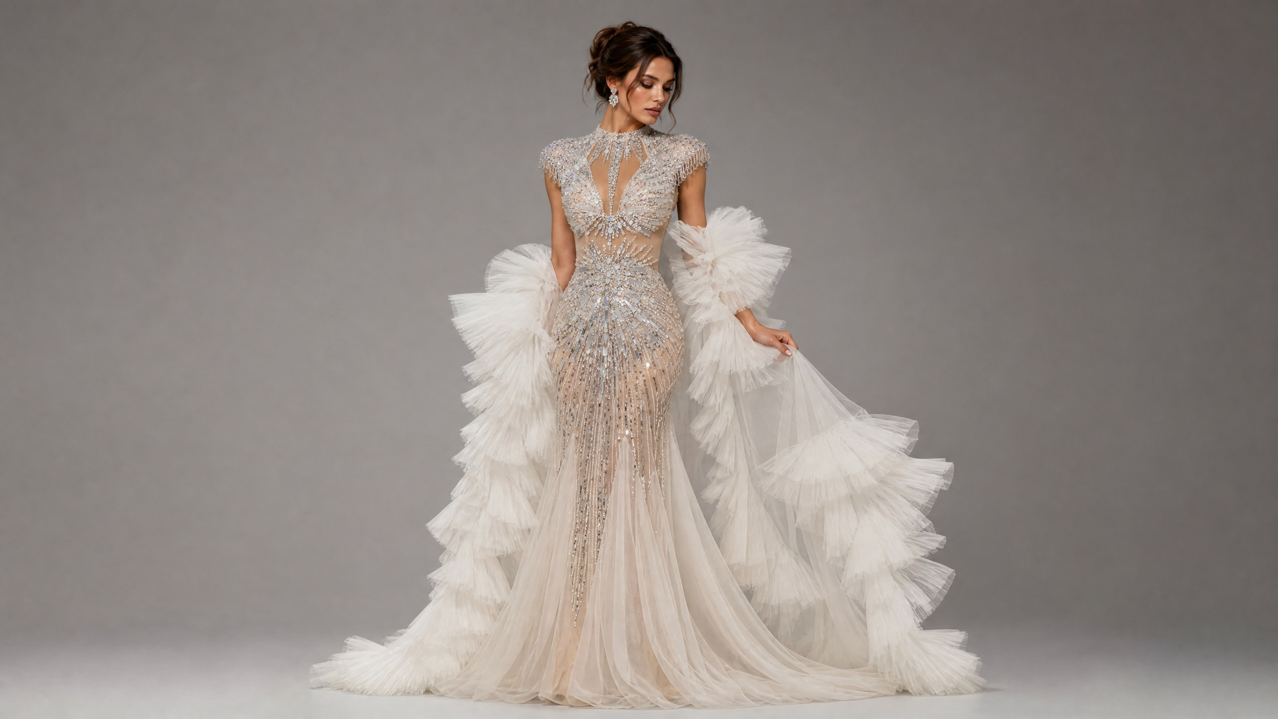 Silver White Train Feather-Shoulder Pageant Gown — additional view 6 (source SKU-049) — reviewed generated product image