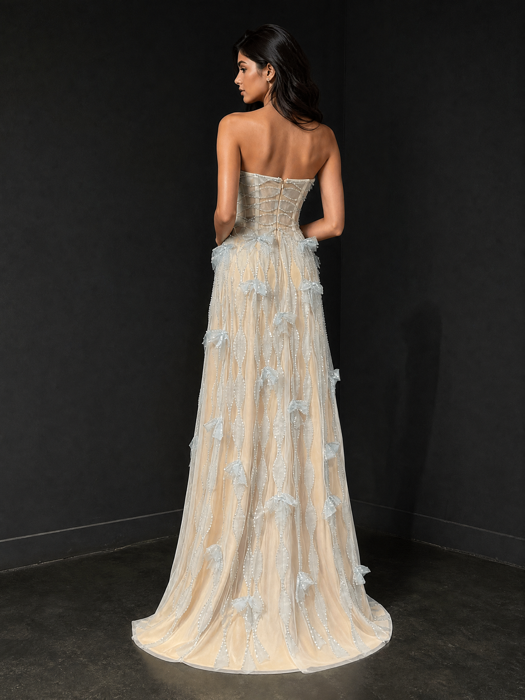 White Mini Crystal Mini Formal Dress — three-quarter view (source SKU-089) — reviewed generated product image