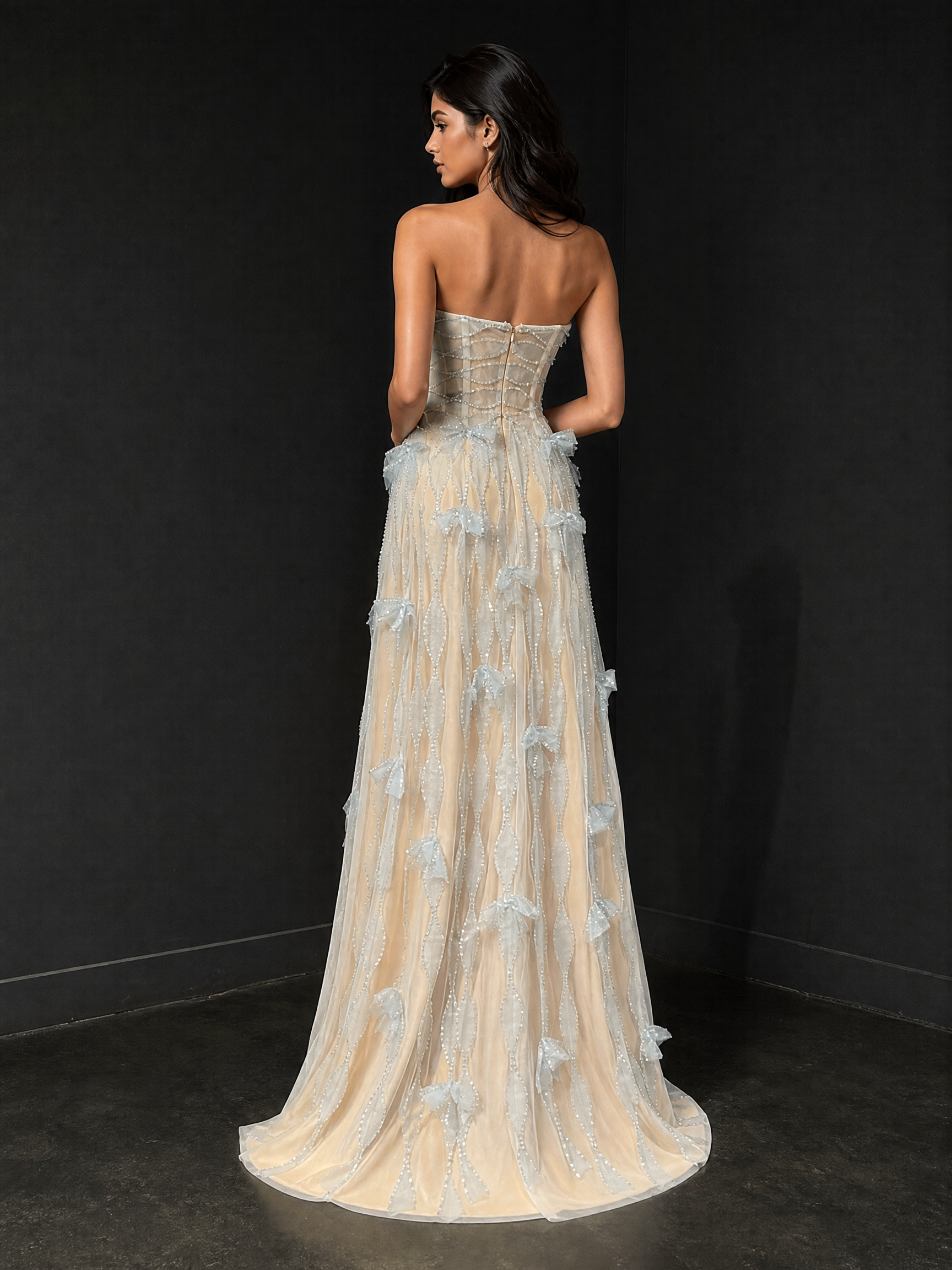 White Mini Crystal Mini Formal Dress — three-quarter view (source SKU-089) — reviewed generated product image