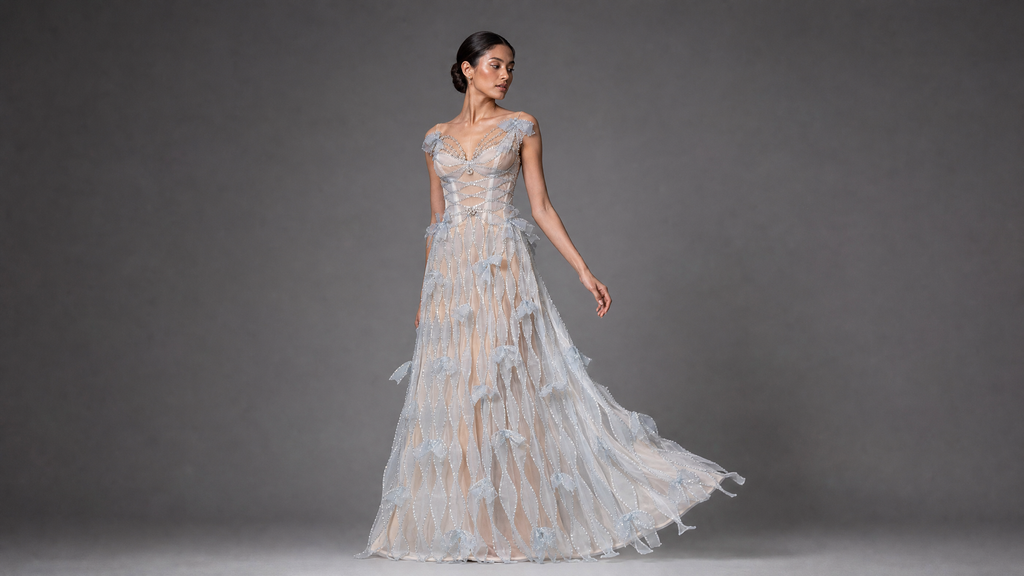 White Mini Crystal Mini Formal Dress — couture detail view (source SKU-089) — reviewed generated product image