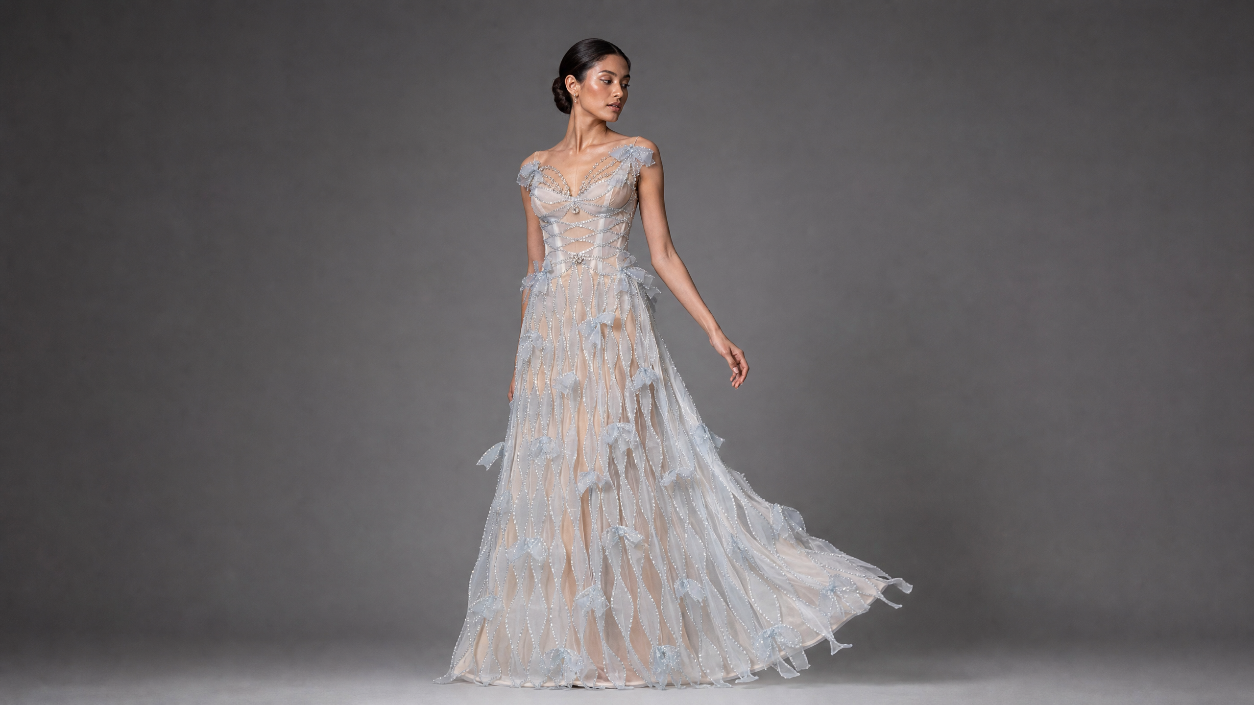 White Mini Crystal Mini Formal Dress — couture detail view (source SKU-089) — reviewed generated product image