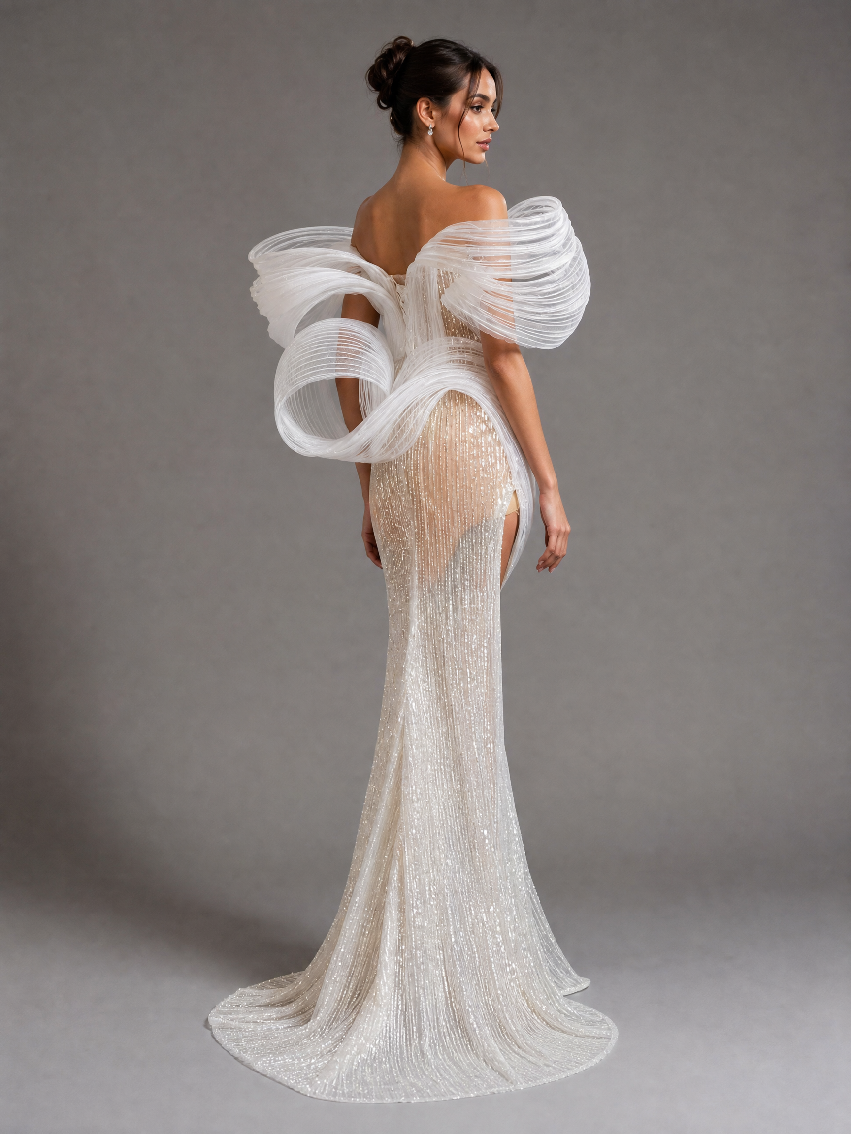 White Sculptural Bow Evening Gown — side or back view (source SKU-081) — reviewed generated product image