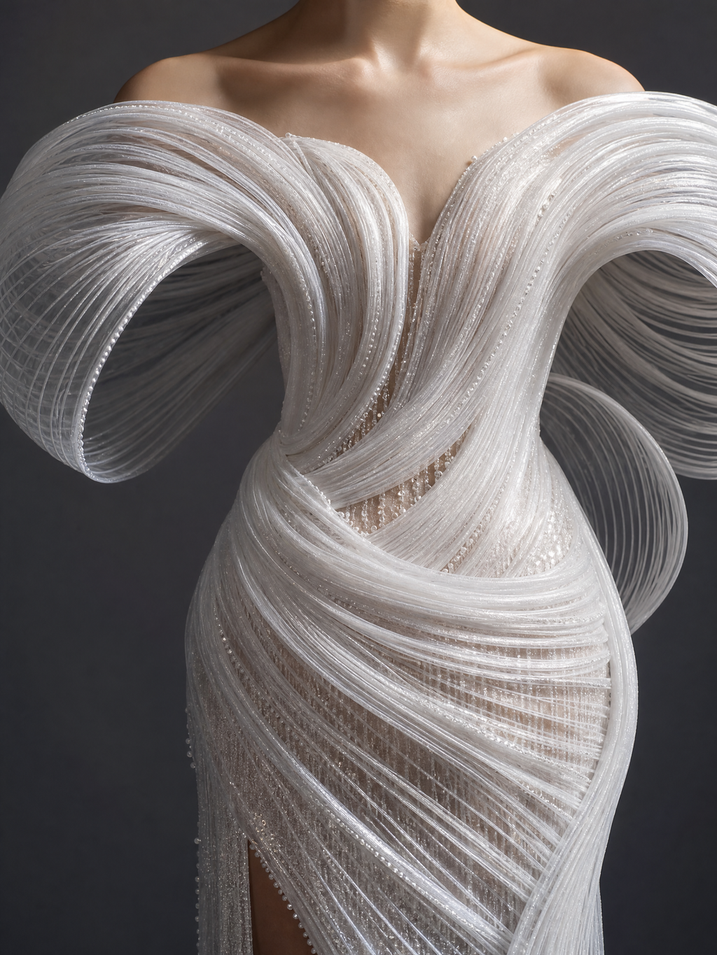 White Sculptural Bow Evening Gown — couture detail view (source SKU-081) — reviewed generated product image