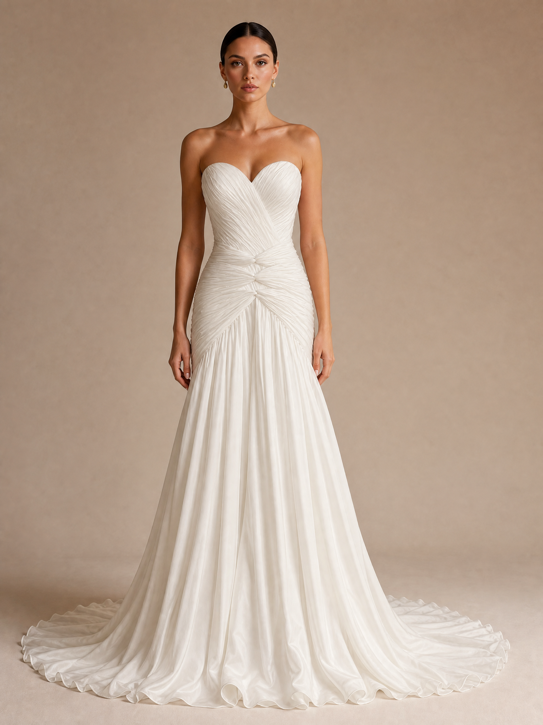 White Sculptural Gown — front full-length hero view (source SKU-074) — reviewed generated product image