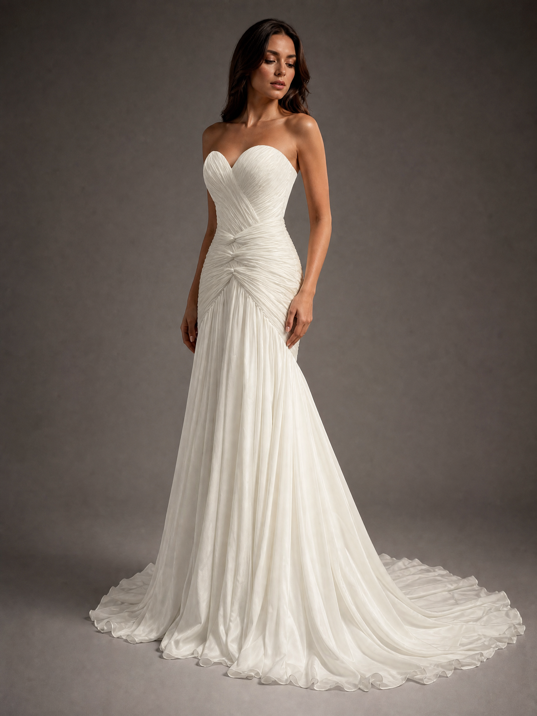 White Sculptural Gown — three-quarter view (source SKU-074) — reviewed generated product image