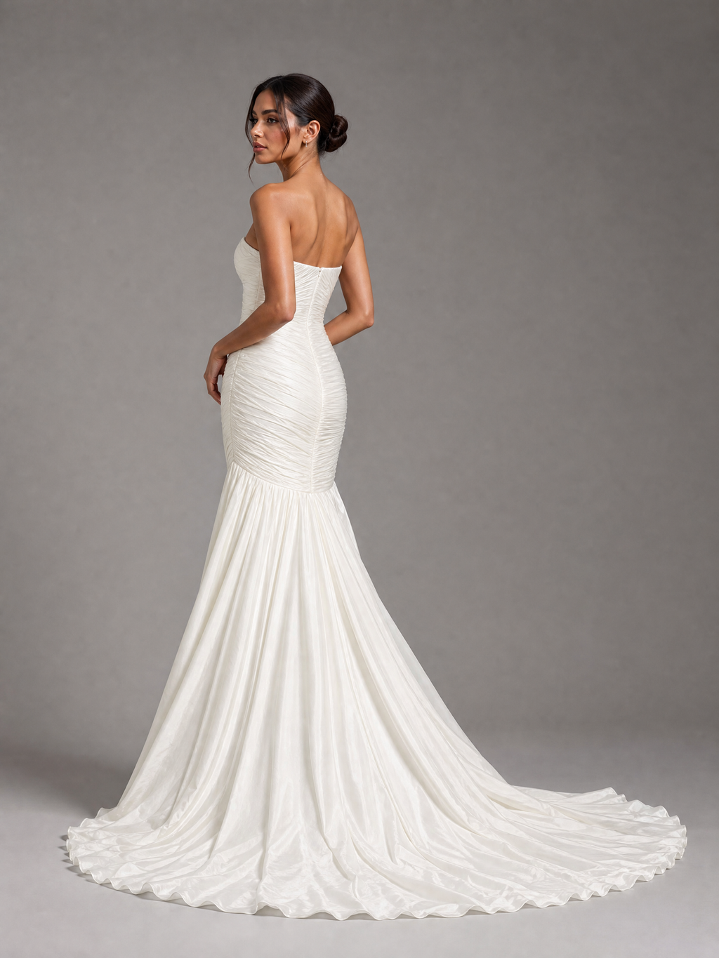 White Sculptural Gown — side or back view (source SKU-074) — reviewed generated product image