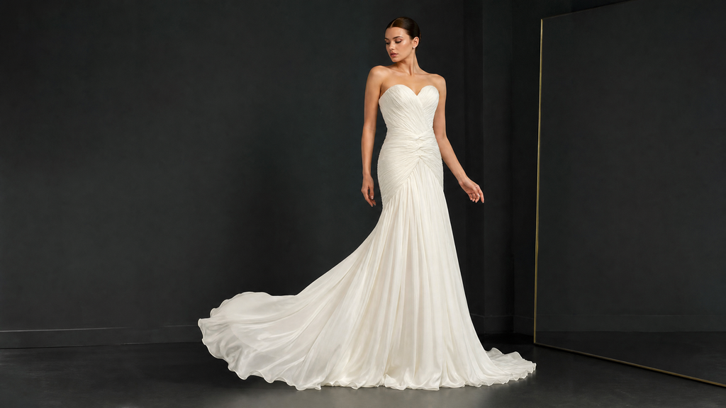 White Sculptural Gown — hem and train detail view (source SKU-074) — reviewed generated product image
