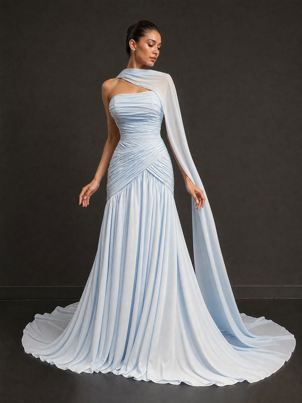 White Statement Evening Gown — hem and train detail view (source SKU-103) — reviewed generated product image