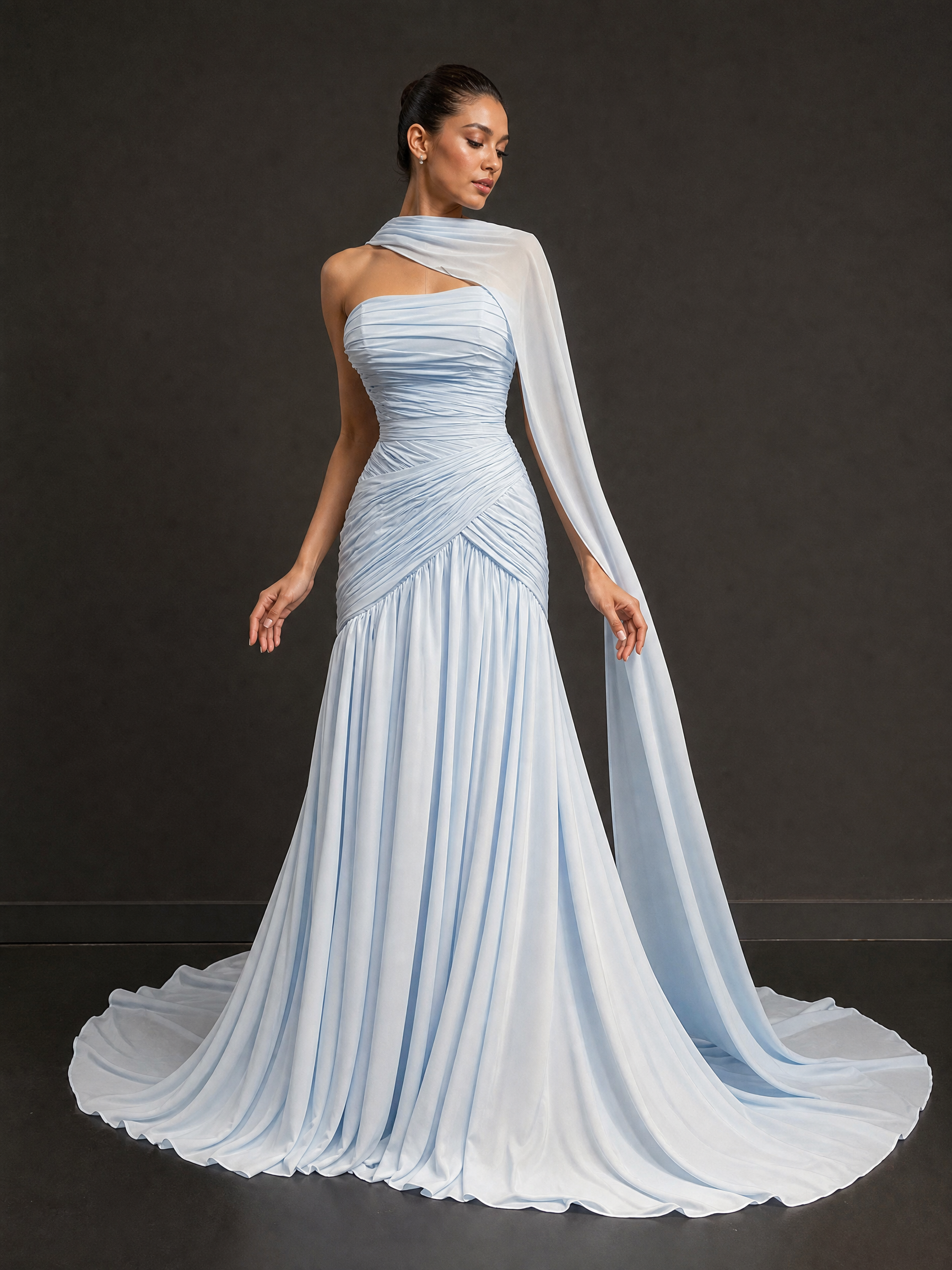 White Statement Evening Gown — hem and train detail view (source SKU-103) — reviewed generated product image